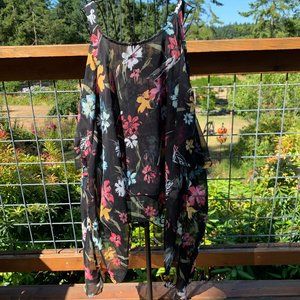 Lane Bryant Ladies size 14/16 Sheer Black Floral Cold Shoulder Flutter Blouse